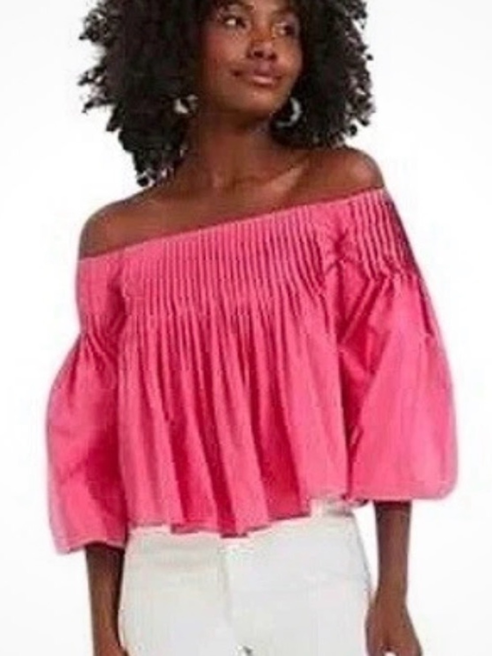 Hyacinth House Tuckernuck Bright Pink Pleated Portia Off-the-Shoulder Top XS